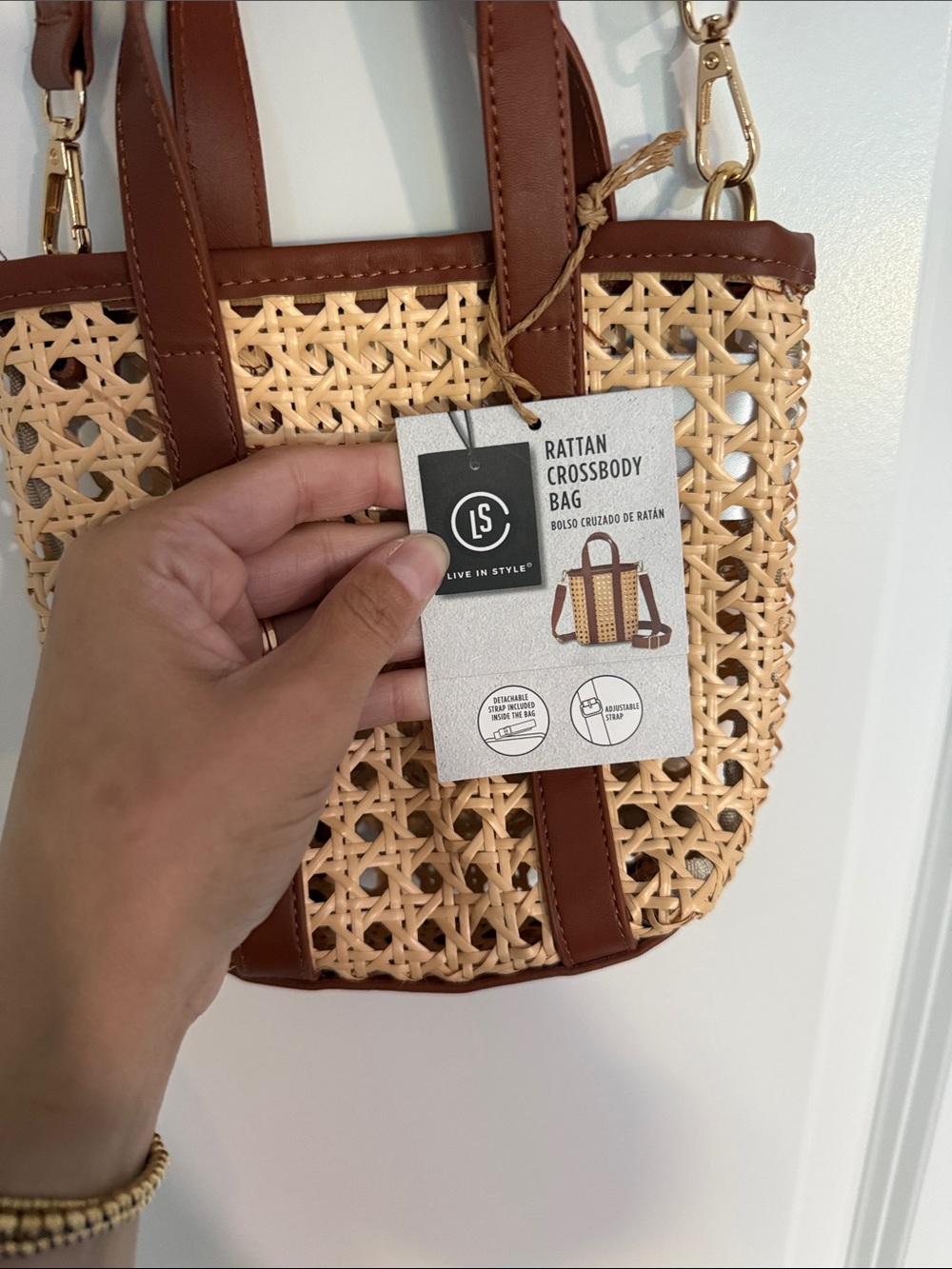 Woven Rattan Crossbody Tote Bag in Brown - Picture 2 of 5